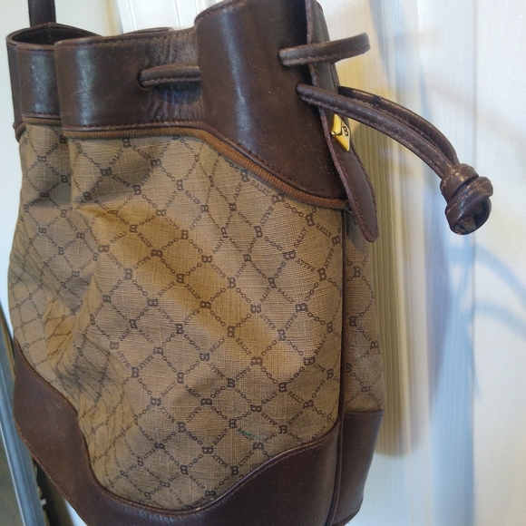 Bally Monogram Logo Bucket Bag Taupe Leather Drawstring Handbag Purse  Designer - Picture 2 of 14